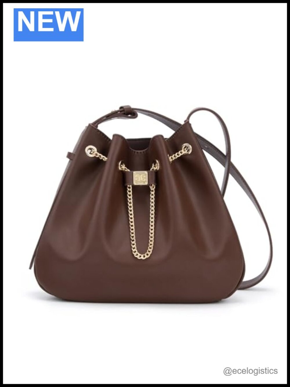 Genuine Leather Bucket Bag with Chain Drawstring and Adjustable Strap